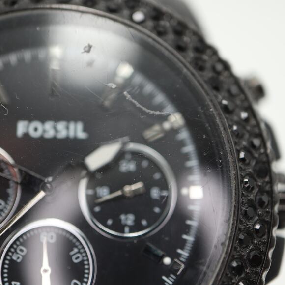 Fossil Black Acrylic 42mm Unisex Chronograph Watch Gem Set CH2672 w New Battery - Picture 9 of 14
